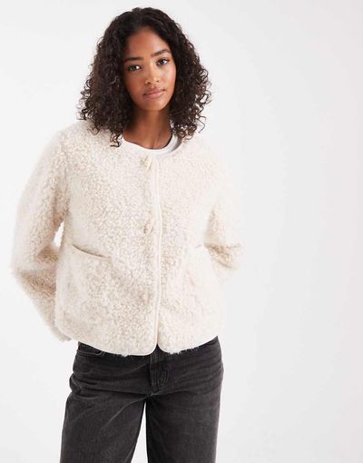 Object Object premium fluffy borg duffle style cropped jacket in cream-White