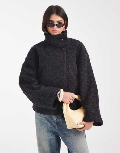Object Object premium funnel neck wool blend short borg coat in dark gray