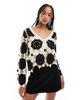 Object Object premium long sleeve crochet top in black and white - 1