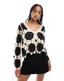 Object Object premium long sleeve crochet top in black and white