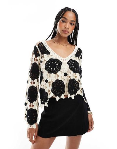 Object Object premium long sleeve crochet top in black and white