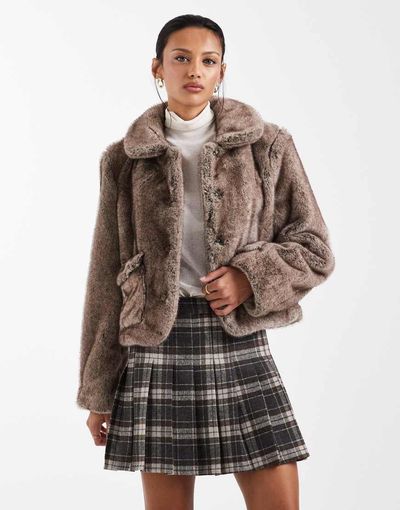 Object Object premium super soft faux fur cropped jacket in light brown
