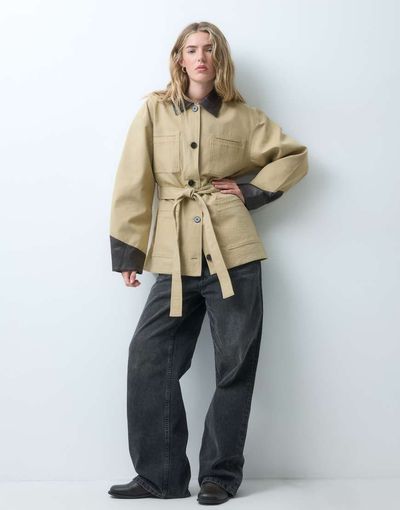 Object Object tie-waist short jacket with contrast details in beige-NEUTRAL