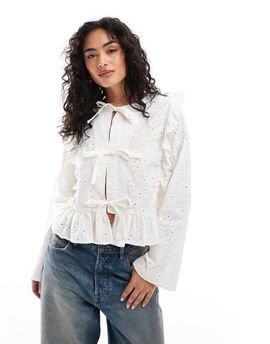 Object Object tie front long sleeved blouse with ruffles in off white