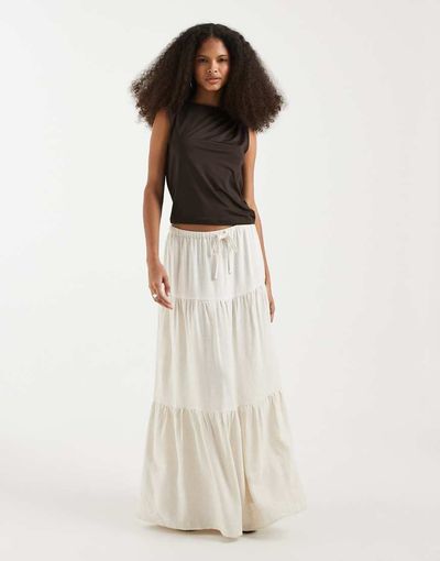 Object Object tiered boho linen mix maxi skirt in sandshell-White