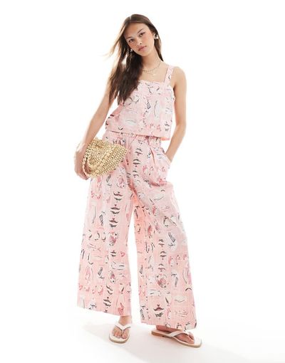 Object Object vintage wash wide leg cotton pants in pink fish print - part of a set-Multi