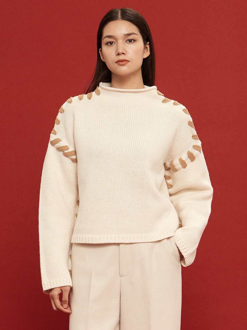 octette Bold Line Knit Top_Light Beige