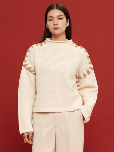 octette Bold Line Knit Top_Light Beige