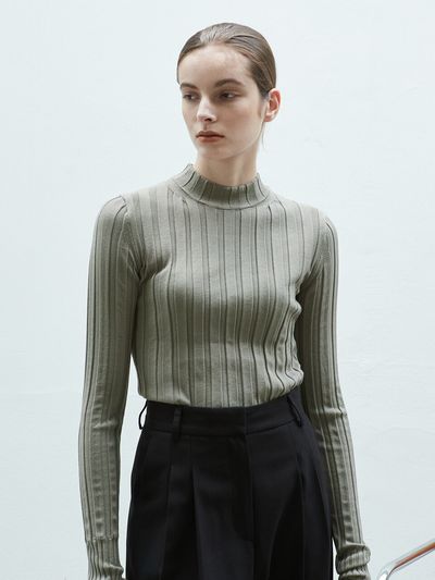 octette Slim Warmer Rib Knit Top (Gray Khaki)