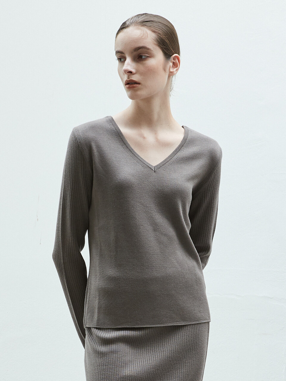 octette Wool Mild Rib Knit Top (Gray Brown)