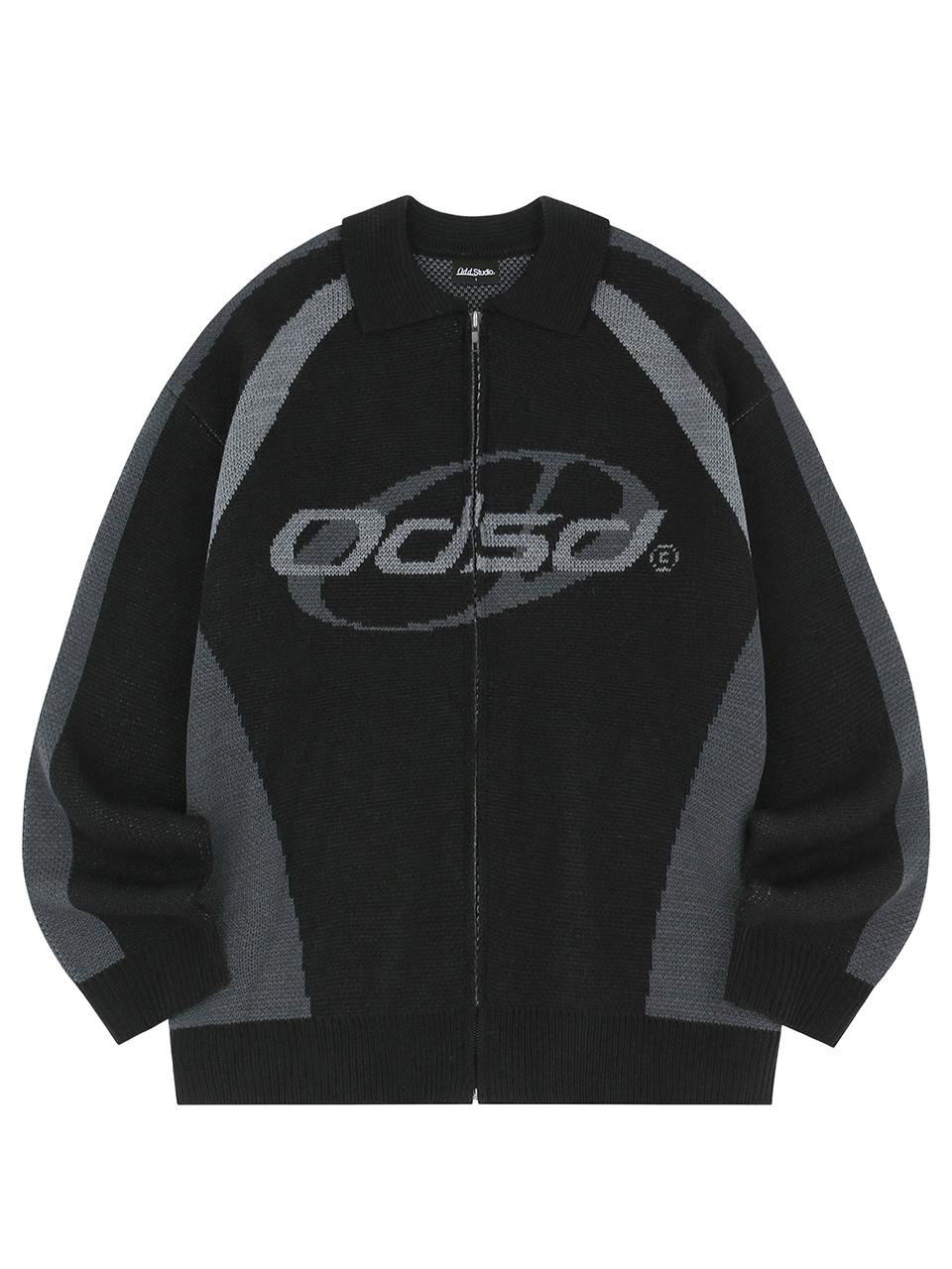ODD STUDIO Jacquard Overfit Zip-up Knit Cardigan [BLACK]