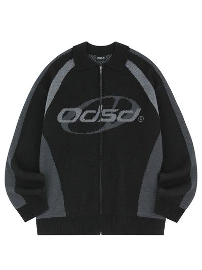 ODD STUDIO Jacquard Overfit Zip-up Knit Cardigan [BLACK]