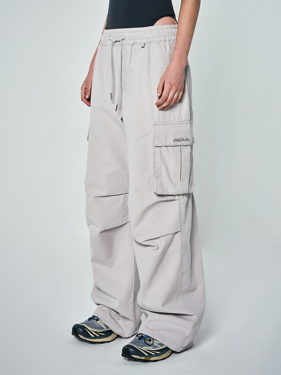 ODD STUDIO Parachute Washing Wide Cotton Cargo Pants - Light Gray