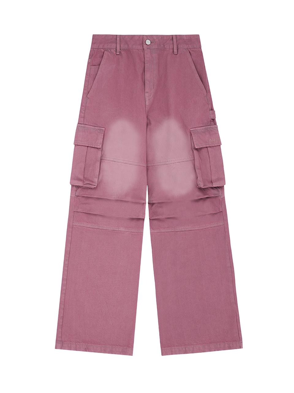 ODD STUDIO Salt Washing Cargo Wide Parachute Denim Pants -- PINK