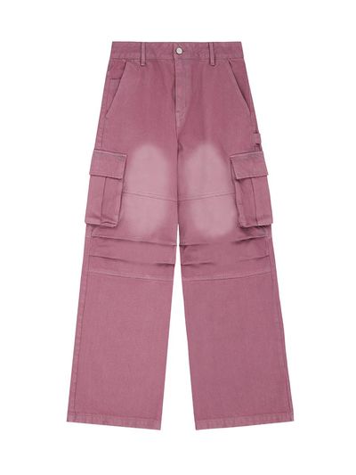 ODD STUDIO Salt Washing Cargo Wide Parachute Denim Pants -- PINK
