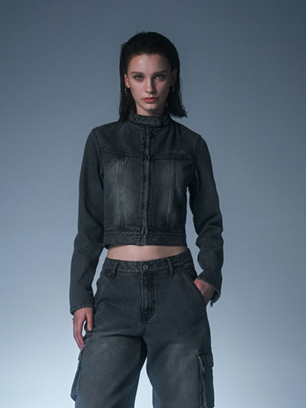 ODD STUDIO Sand Washed Biker Denim Cropped Jacket_Black