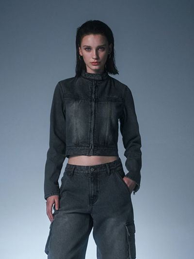 ODD STUDIO Sand Washed Biker Denim Cropped Jacket_Black