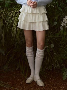 ODER Wrinkle Frill Elastic Waist Skirt Pants [Beige]