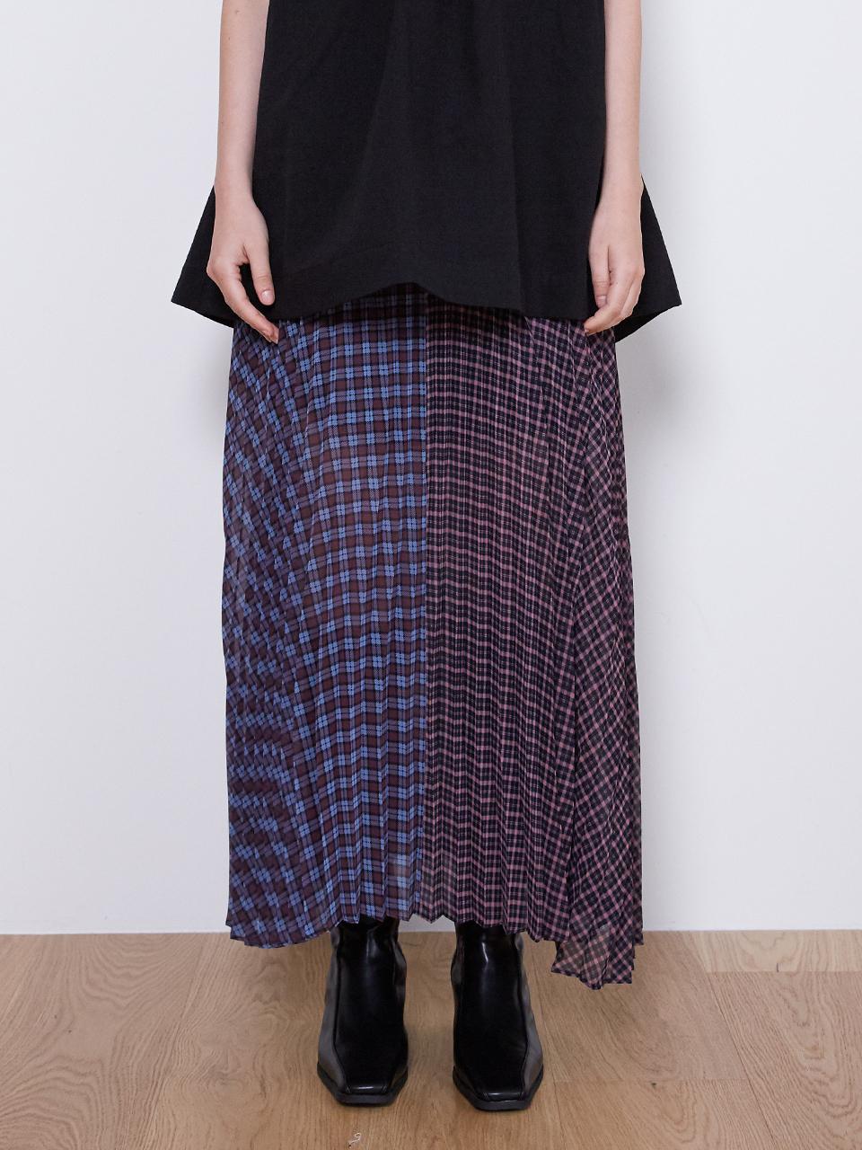 OEF 21FW_Patch work Pleats Skirt (Check Pink)