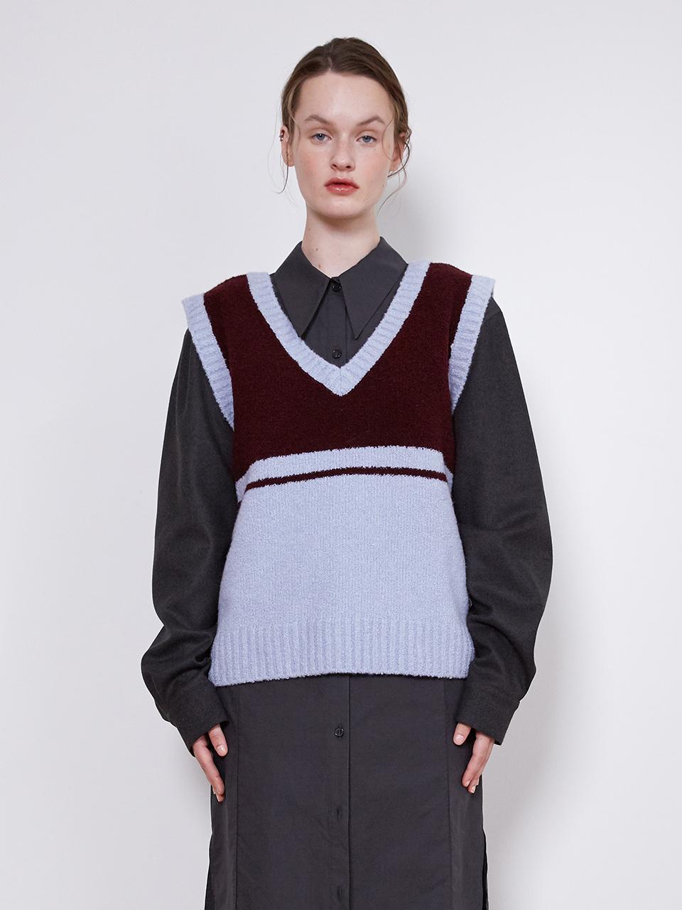 OEF 21FW_Two-way V-neck Knit (Sky Blue/Burgundy)