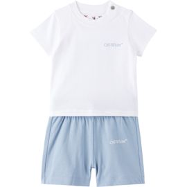 Off-White Off-White Baby White & Blue Scribble Diag Jersey T-shirt & Shorts Set