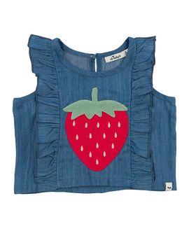 Oh Baby oh baby! Girls' Lola Strawberry Applique with Millie Ruffle Lyocell Denim Blouse