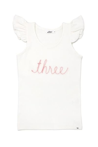 oh baby! oh baby! "three" Pink Embroidered Cotton Baby Rib Flutter Sleeve Tank