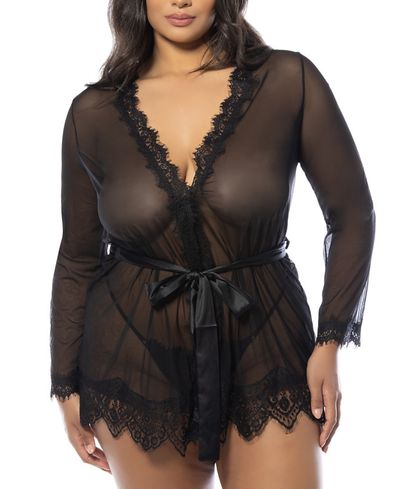 Oh La La Cheri Oh La La Cheri Plus Size Provence Eyelash Lace Robe with Sash and G-string Panty