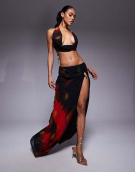Oh Polly Oh Polly chiffon thigh split maxi skirt in red blurred print - part of a set-Black
