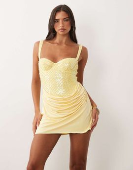 Oh Polly Oh Polly embellished corset drape skirt mini dress in butter yellow