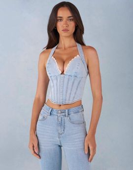 Oh Polly Oh Polly embellished corset top in stone wash denim-Blue