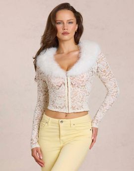 Oh Polly Oh Polly faux fur collar lace cardigan in ivory-White