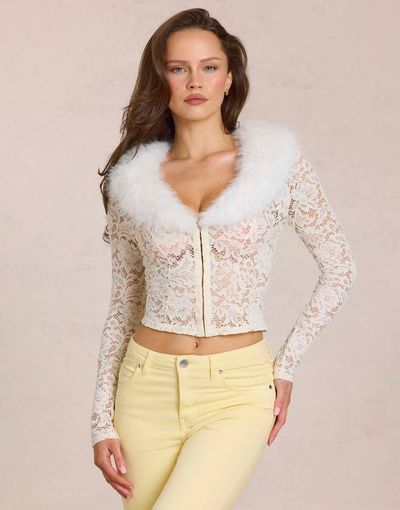 Oh Polly Oh Polly faux fur collar lace cardigan in ivory-White