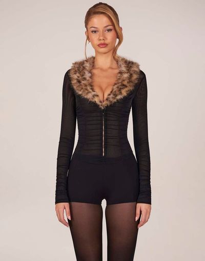 Oh Polly Oh Polly faux fur collar mesh romper in black