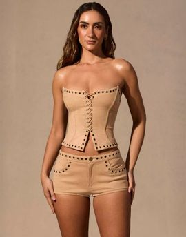 Oh Polly Oh Polly faux suede removable strap studded corset top in tan - part of a set-Brown