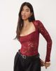 Oh Polly Oh Polly lace square neck long sleeve bodysuit in red - 1