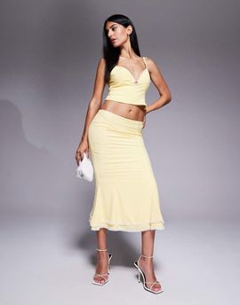 Oh Polly Oh Polly Lupita lace trim tiered midi skirt in pastel yellow - part of a set