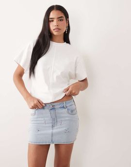 Oh Polly Oh Polly mid rise embellished mini skirt in stonewashed denim-Blue