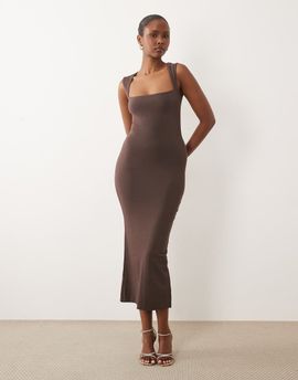 Oh Polly Oh Polly modal rich square neck slinky midi dress in chocolate-Brown