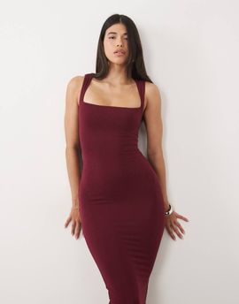 Oh Polly Oh Polly modal square neck bodycon midi dress in burgundy-RED