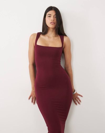Oh Polly Oh Polly modal square neck bodycon midi dress in burgundy-RED