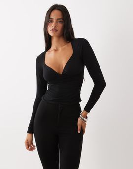 Oh Polly Oh Polly modal v-neck long sleeve ruched waist top set in black