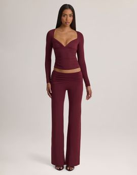 Oh Polly Oh Polly modal v-neck long sleeve ruched waist top set in plum-RED