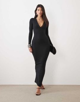 Oh Polly Oh Polly ribbed modal lace trim plunge neck maxi dress in black