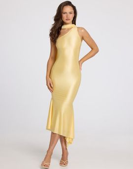 Oh Polly Oh Polly sculpted slinky asymmetric scarf detail midi dress in butter yellow