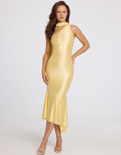 Oh Polly Oh Polly sculpted slinky asymmetric scarf detail midi dress in butter yellow
