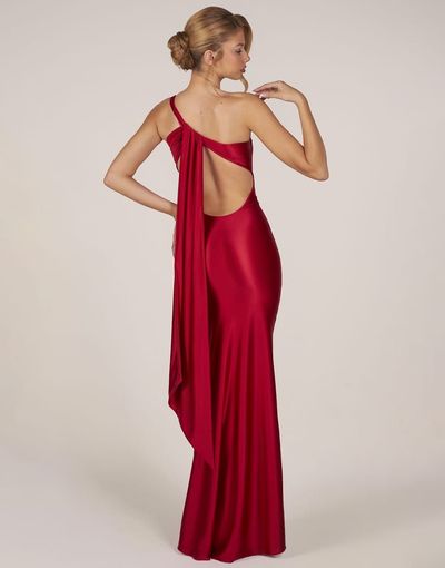 Oh Polly Sculpted Slinky One Shoulder Tie Back Detail Gown In Red