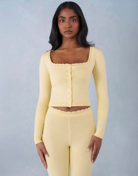 Oh Polly Oh Polly wool feel scallop edge long sleeve cardigan set in butter yellow