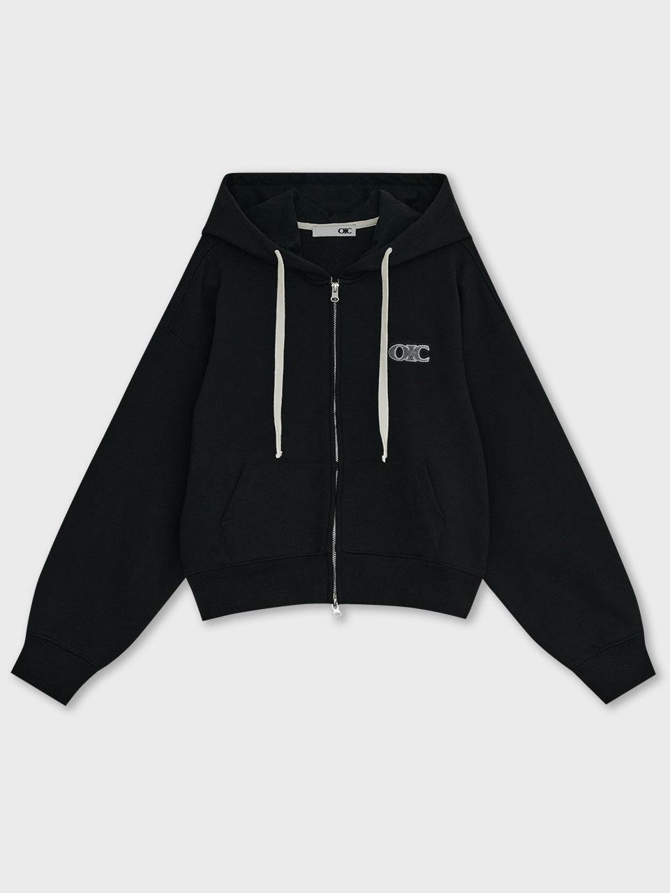 OIOI COLLECTION Logo Patch Cropped Zip-up Hoodie [BLACK]