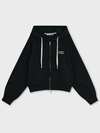 OIOI COLLECTION Logo Patch Cropped Zip-up Hoodie [BLACK]